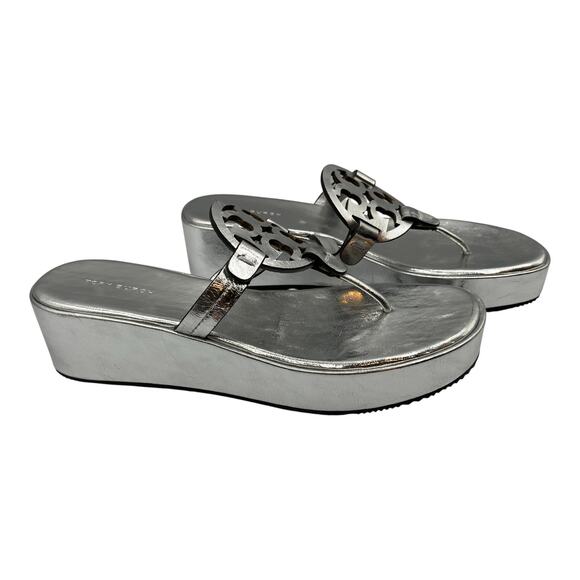 Tory Burch Miller Leather Wedge Platform Sandals Metallic Silver Size 7.5M - Picture 6 of 8